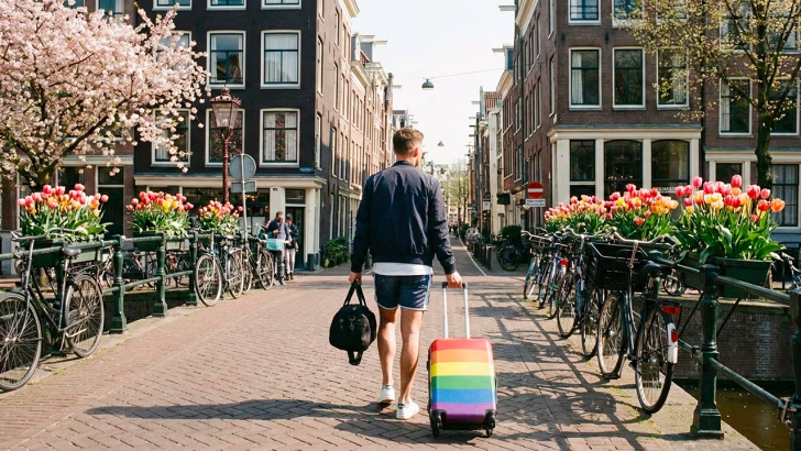 Viaggiatore gay in Europa in primavera con trolley arcobaleno tra canali e fiori, simbolo di city break LGBTQ+ e mete gay-friendly