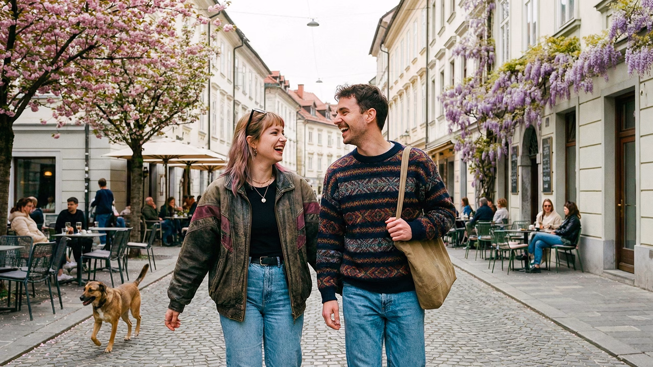 Coppia LGBTQ+ che passeggia nel centro di Lubiana in primavera, tra caff&egrave; all&rsquo;aperto e atmosfera gay-friendly