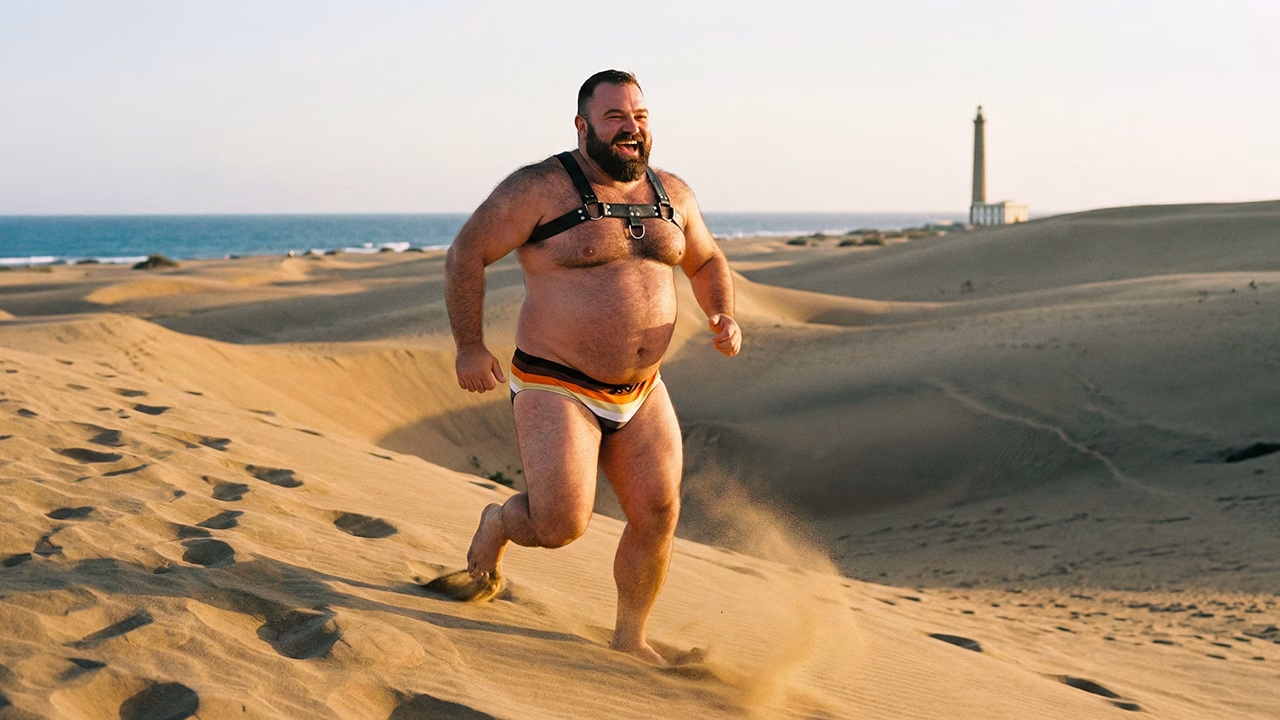 Uomo gay bear che corre sulle dune di Maspalomas in Gran Canaria, simbolo di libert&agrave; e vacanza LGBTQ+ al caldo