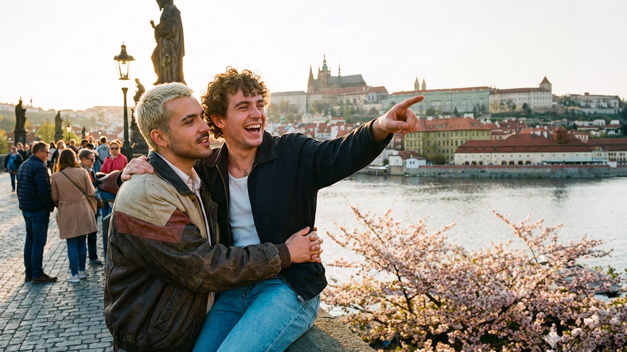 Coppia gay a Praga in primavera con vista sul fiume Moldava e sul Castello, atmosfera romantica e inclusiva