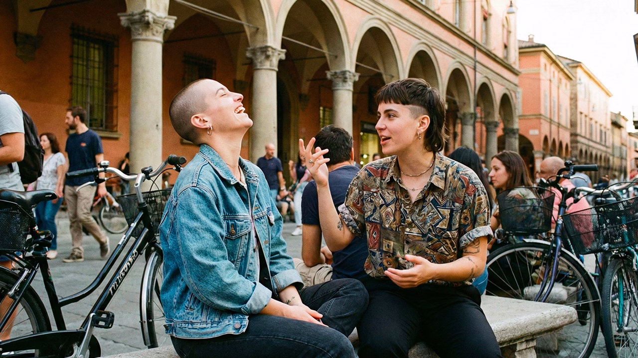 Persone queer chiacchierano sedute sotto i portici di Bologna, citt&agrave; tra le pi&ugrave; gay-friendly d&rsquo;Italia e meta ideale per un weekend primaverile