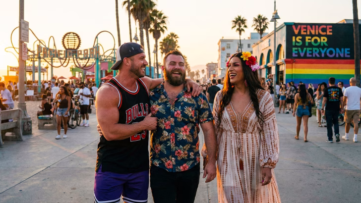 Persone LGBTQ+ che passeggiano a Venice Beach a Los Angeles, tra oceano, folla e atmosfera inclusiva e gay friendly