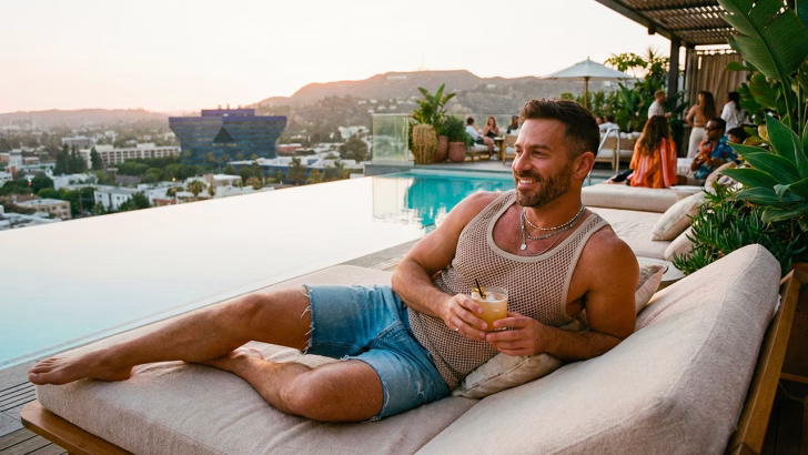 Rooftop pool di un hotel gay friendly sulla Sunset Strip a Los Angeles, perfetto per un soggiorno LGBTQ+ tra relax, cocktail e panorama