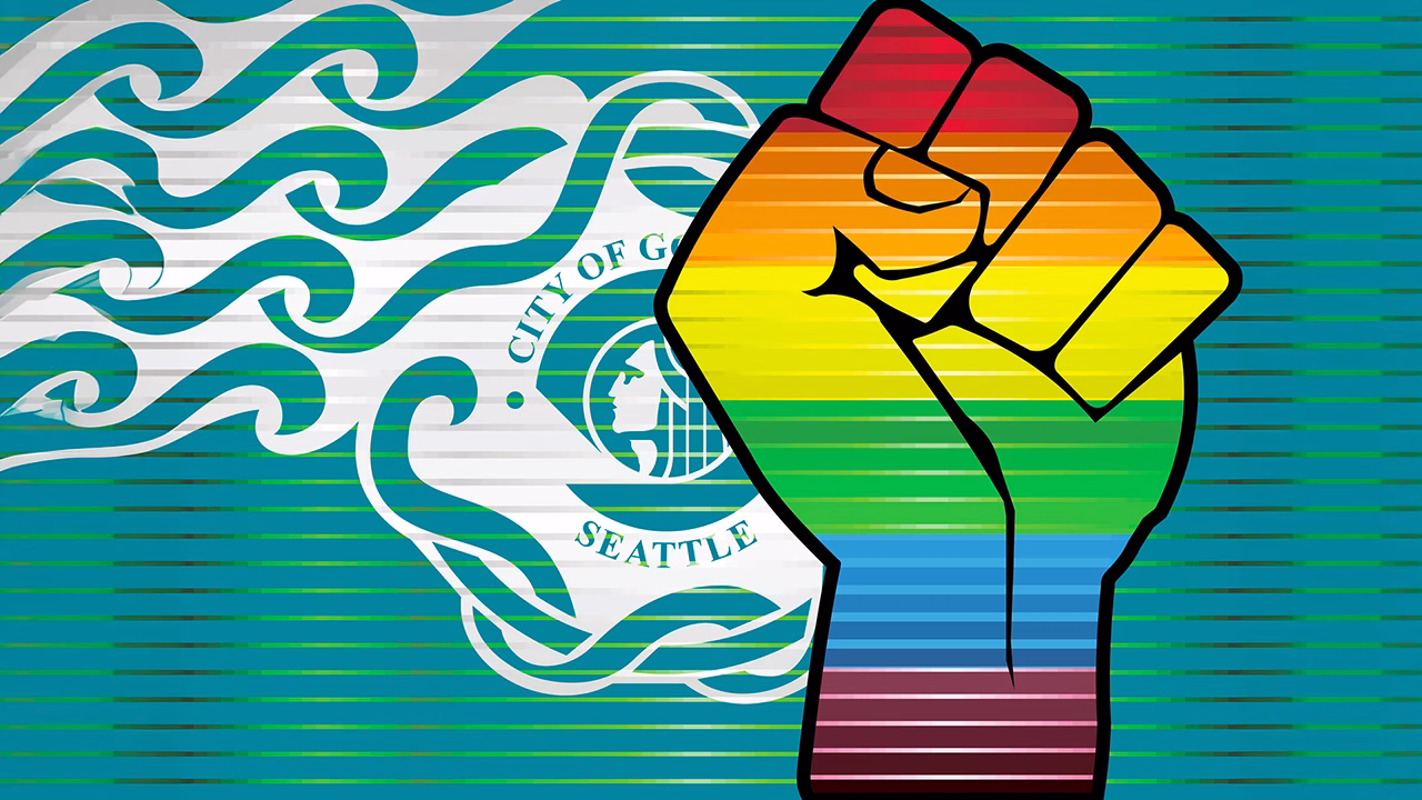 Murales LGBTQ+ a Seattle con pugno arcobaleno, simbolo di inclusivit&agrave; e citt&agrave; gay friendly nello Stato di Washington