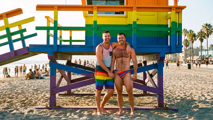 Coppia gay davanti a una torre bagnini arcobaleno a Venice Beach, una delle spiagge gay-friendly pi&ugrave; famose di Los Angeles