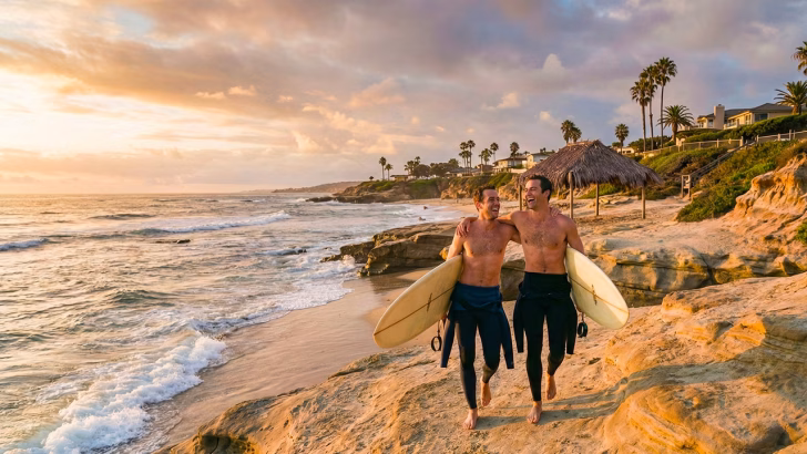 Coppia gay con tavole da surf al tramonto su una spiaggia di San Diego, atmosfera SoCal e vibe LGBTQ+