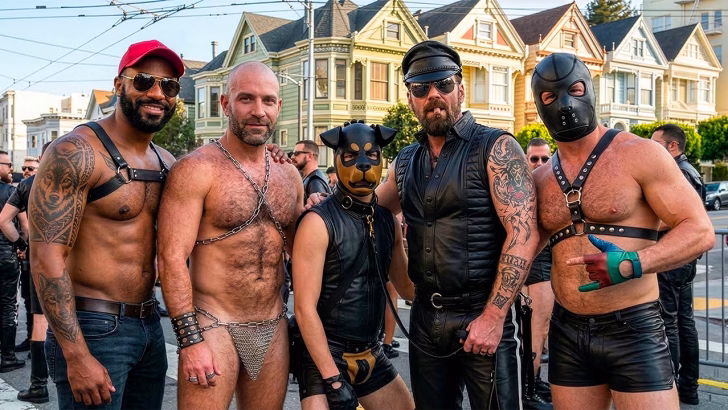 uomini in outfit leather e fetish durante evento gay a San Francisco nel quartiere SoMa