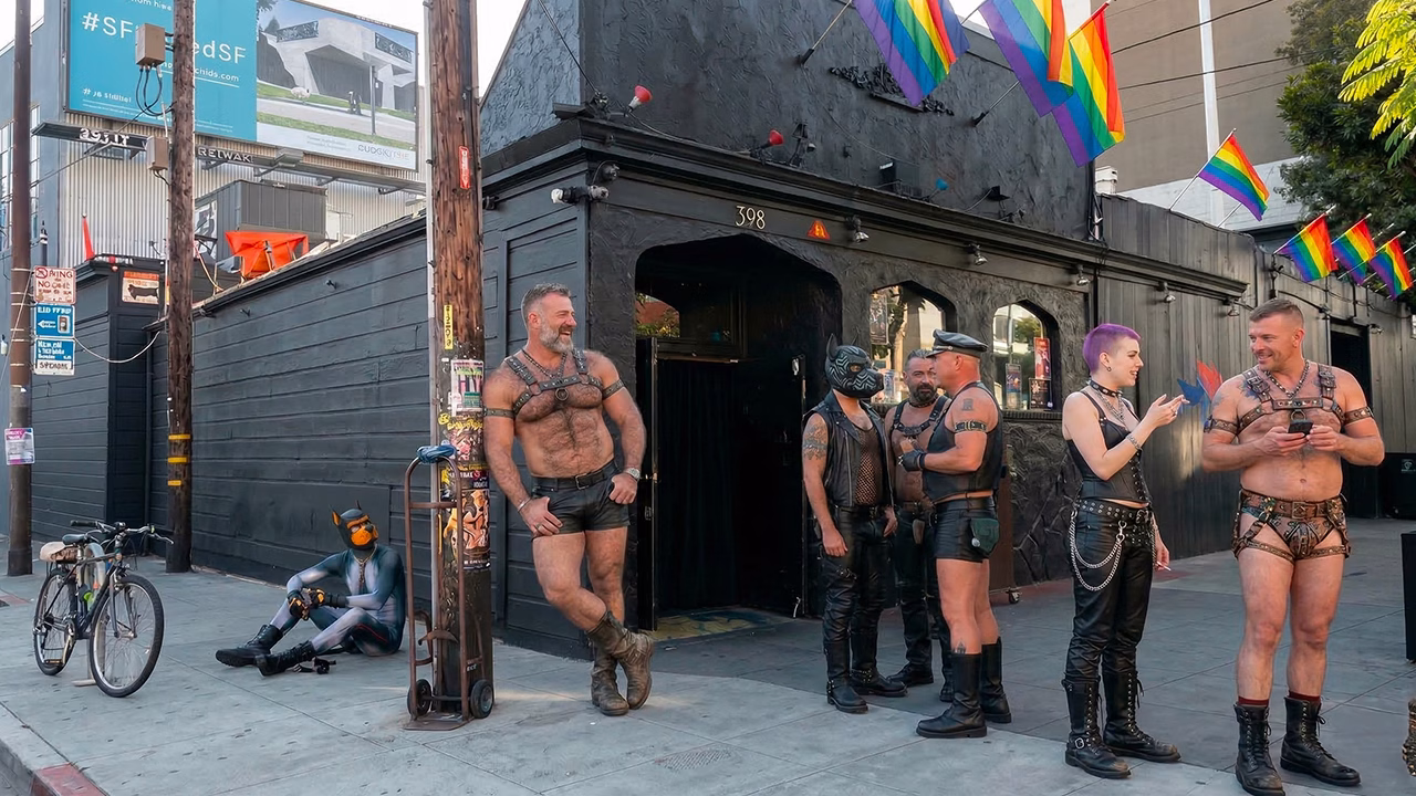 uomini in outfit leather davanti al The Eagle SF, storico leather bar di San Francisco nel quartiere SoMa