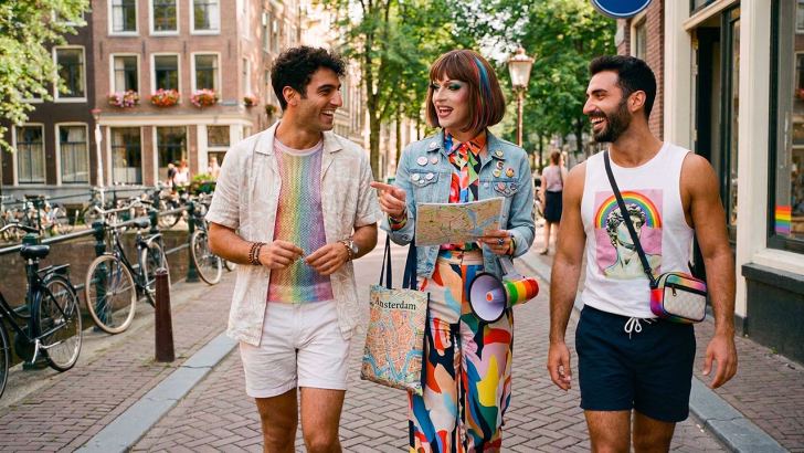 Viaggiatori LGBTQ+ tra i canali di Amsterdam con bandiera arcobaleno e mappa della citt&agrave;, scena di viaggio nella guida gay Amsterdam