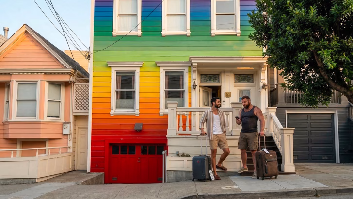 Coppia gay davanti a casa arcobaleno a San Francisco nel Castro, simbolo di alloggi gay friendly e quartiere LGBTQ+