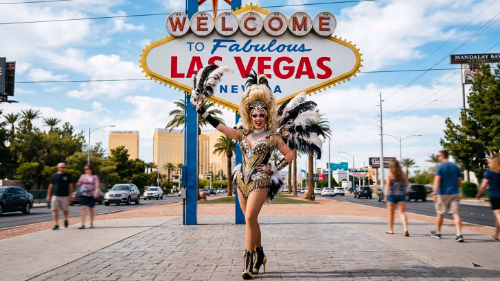 Drag queen davanti al celebre cartello Welcome to Fabulous Las Vegas sulla Strip, simbolo della scena LGBTQ+ e della nightlife gay di Las Vegas