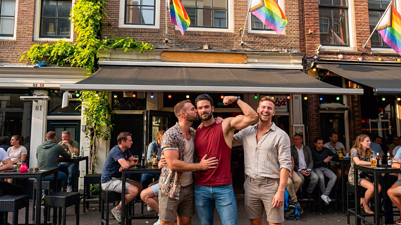Bar gay Amsterdam con terrazza e bandiere arcobaleno, persone LGBTQ+ che socializzano nella nightlife della citt&agrave;