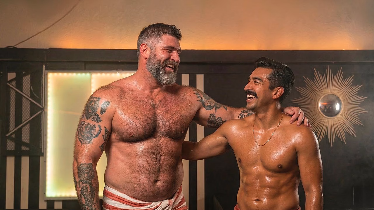 Due uomini in una sauna gay a Las Vegas, esempio di spa e cruising club frequentati dalla comunit&agrave; LGBTQ+ della citt&agrave;
