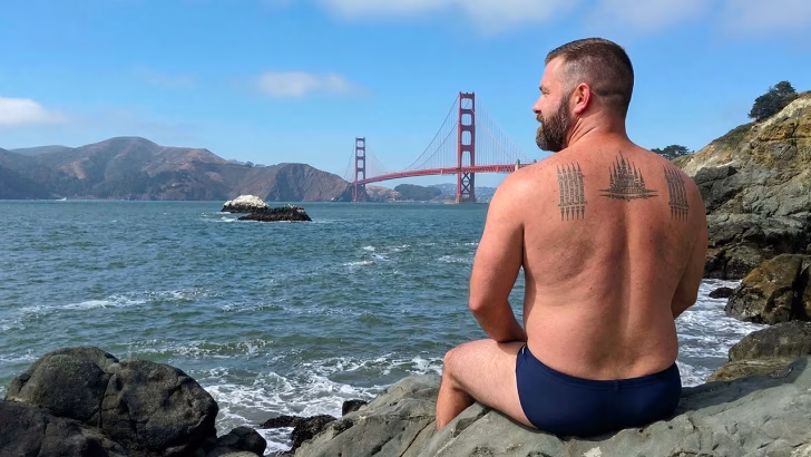 Uomo seduto sulle rocce a Marshall Beach con vista sul Golden Gate Bridge, una delle spiagge gay e nudiste pi&ugrave; famose di San Francisco